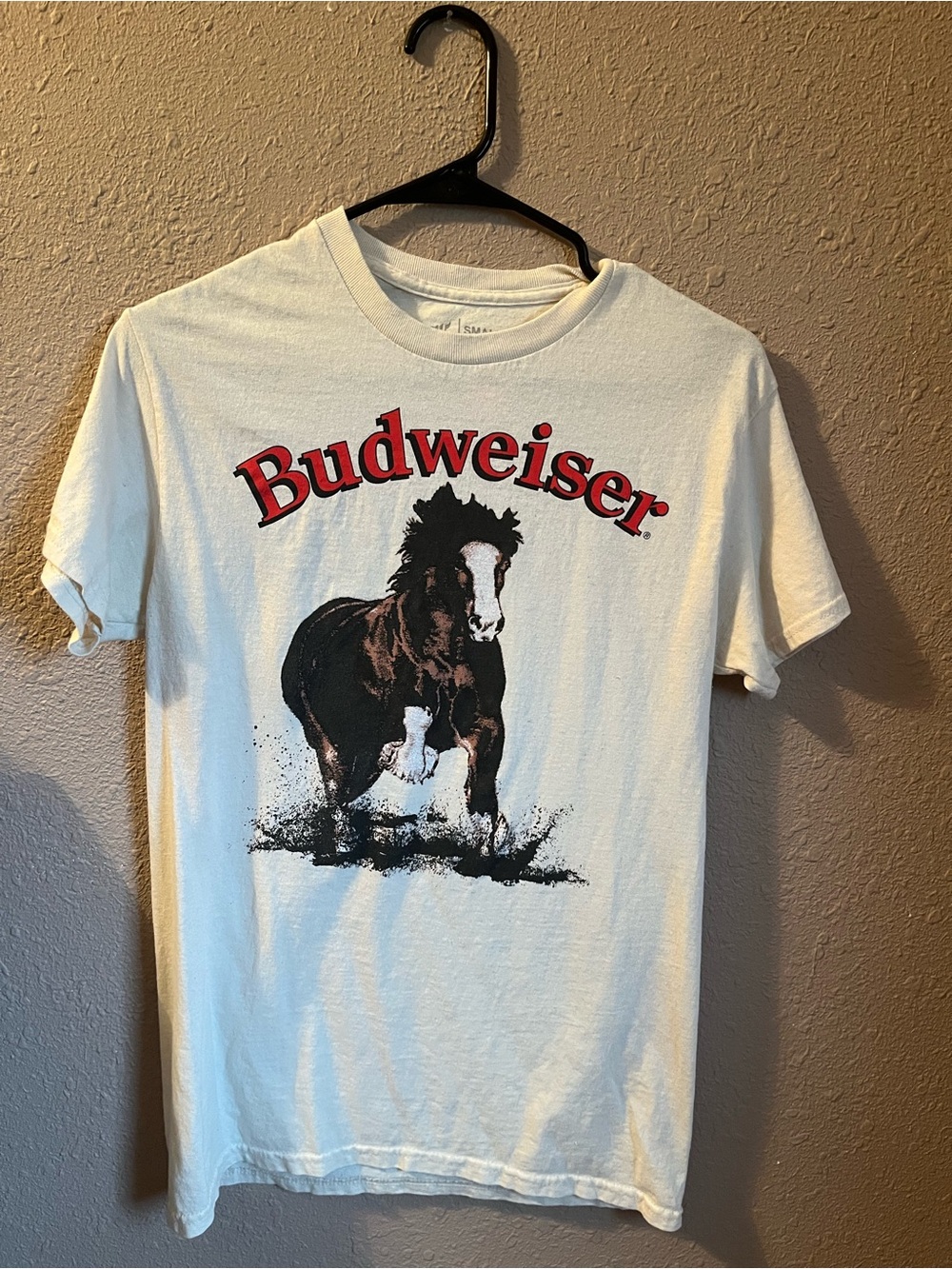 Budweiser White Tee with Red Logo and Brown Horse Graphic